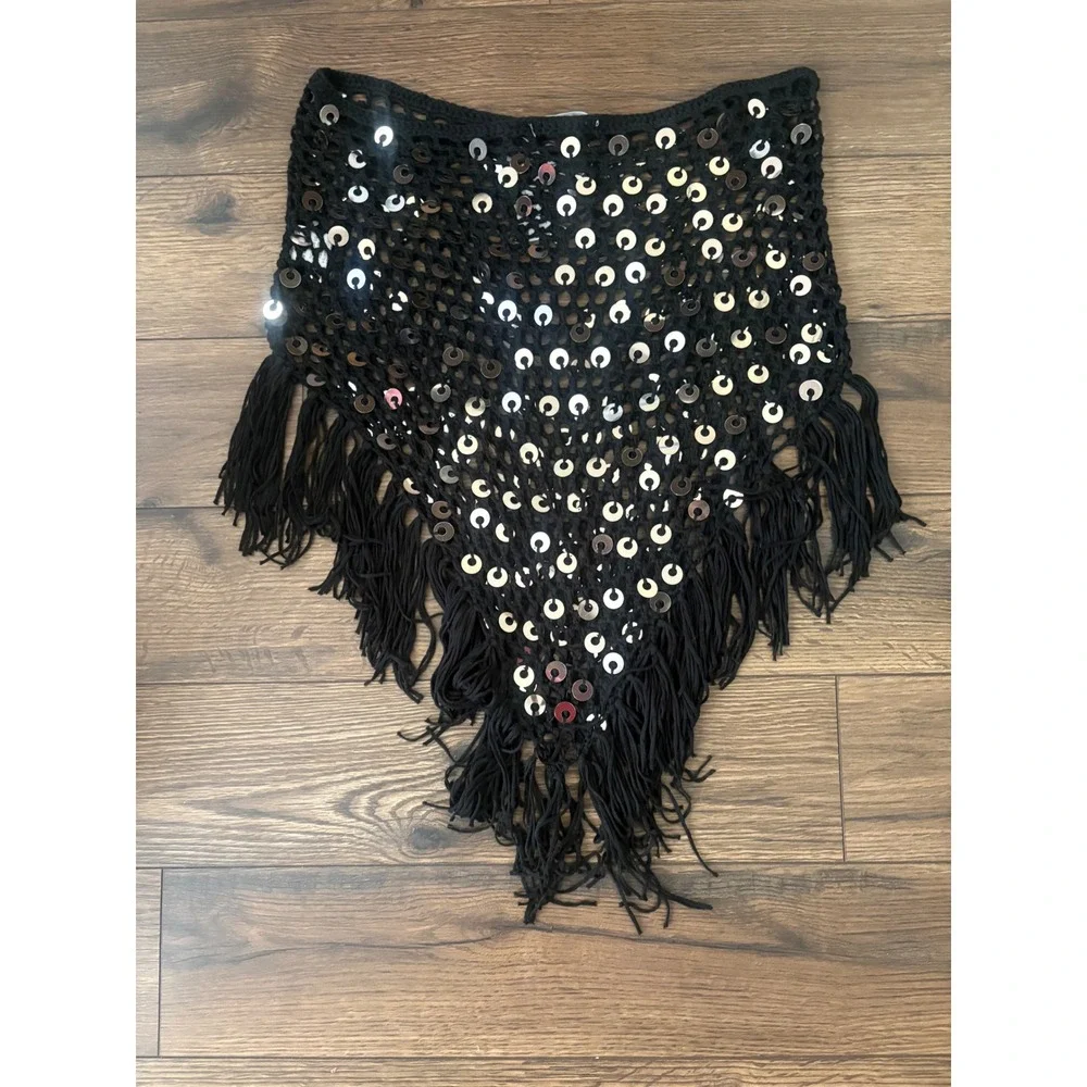 Mermaid Fashion Hip Scarf Womens S Black Cotton Sequin Fringe Boho Festival NEW